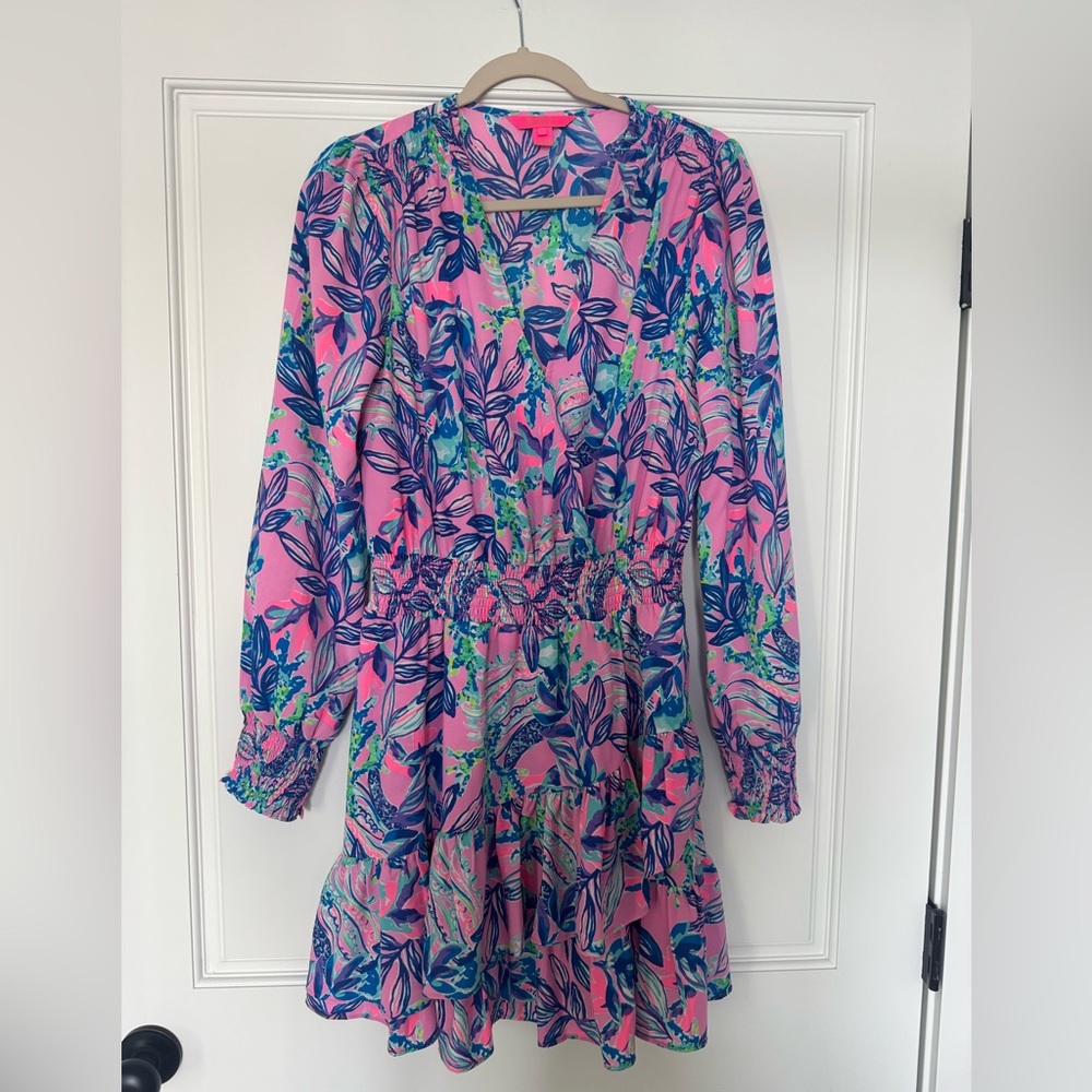 Lilly Pulitzer Pink and Blue Leaf Print Dress 8